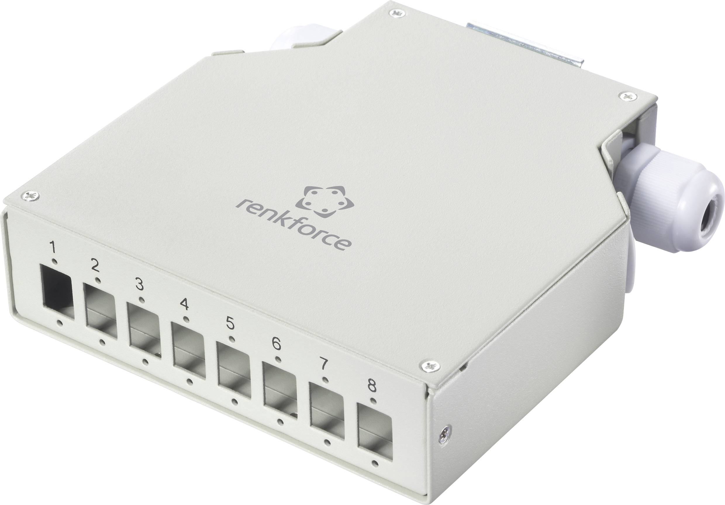 Osmportový ethernetový prepínač Renkforce v sivom kovovom puzdre, zobrazený v uhle s očíslovanými predným sieťovými portmi a konektorom kábla na boku.