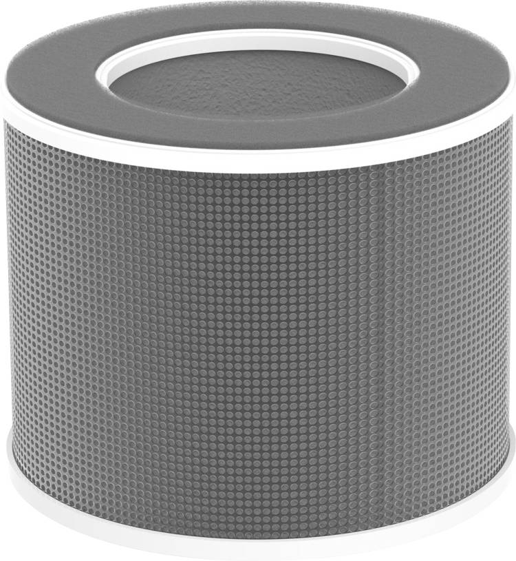 Valcový HEPA filter vzduchu s šedým, perforovaným povrchom a bielymi uzávermi na hornej a spodnej strane.