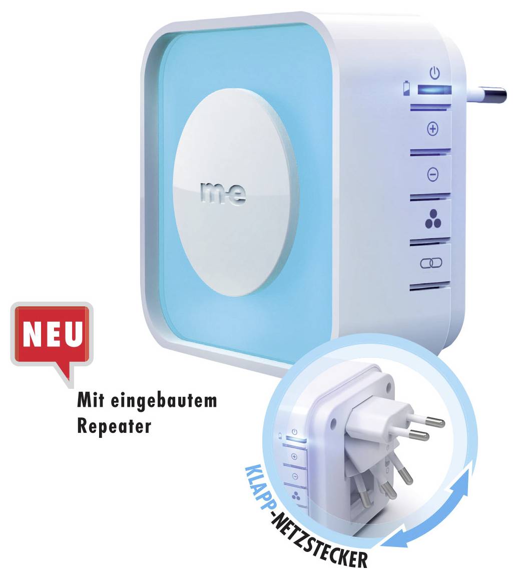 Malá biela kockovitá zariadenie s modrými akcentmi, ktoré obsahuje kruhové tlačidlo označené "me", ikony pre rôzne funkcie a zobrazuje text "NEU Mit eingebautem Repeater" s detailným záberom skladacej zástrčky.
