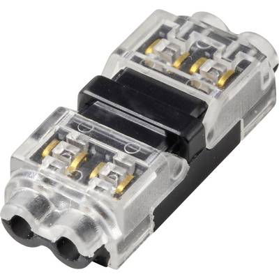 Priehľadný plastový elektrický konektor s dvomi portami a viditeľnými vnútornými medenými spojmi používaný na bezpečné spájanie vodičov.