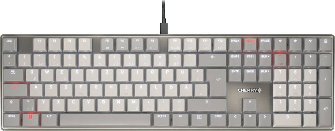 Čierna mechanická klávesnica s podsvietlenými klávesami s numerickou klávesnicou, funkčnými klávesami a značkou Cherry na pravej strane.
