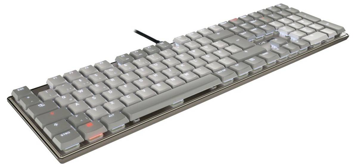 Elegantná mechanická klávesnica s podsvietlenými klávesami a káblovým pripojením, s kompaktným dizajnom a šedými klávesnicami s červenými akcentmi.
