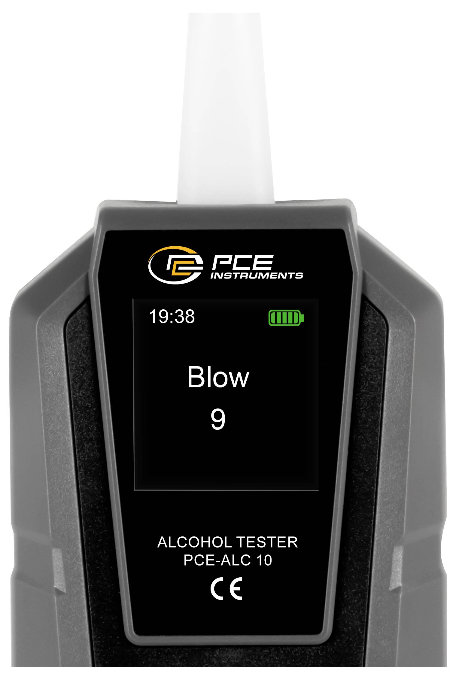 Zariadenie na testovanie alkoholu s displejom zobrazujúcim výsledok fúknutia 9, čas 19:38 a označenie PCE Instruments.