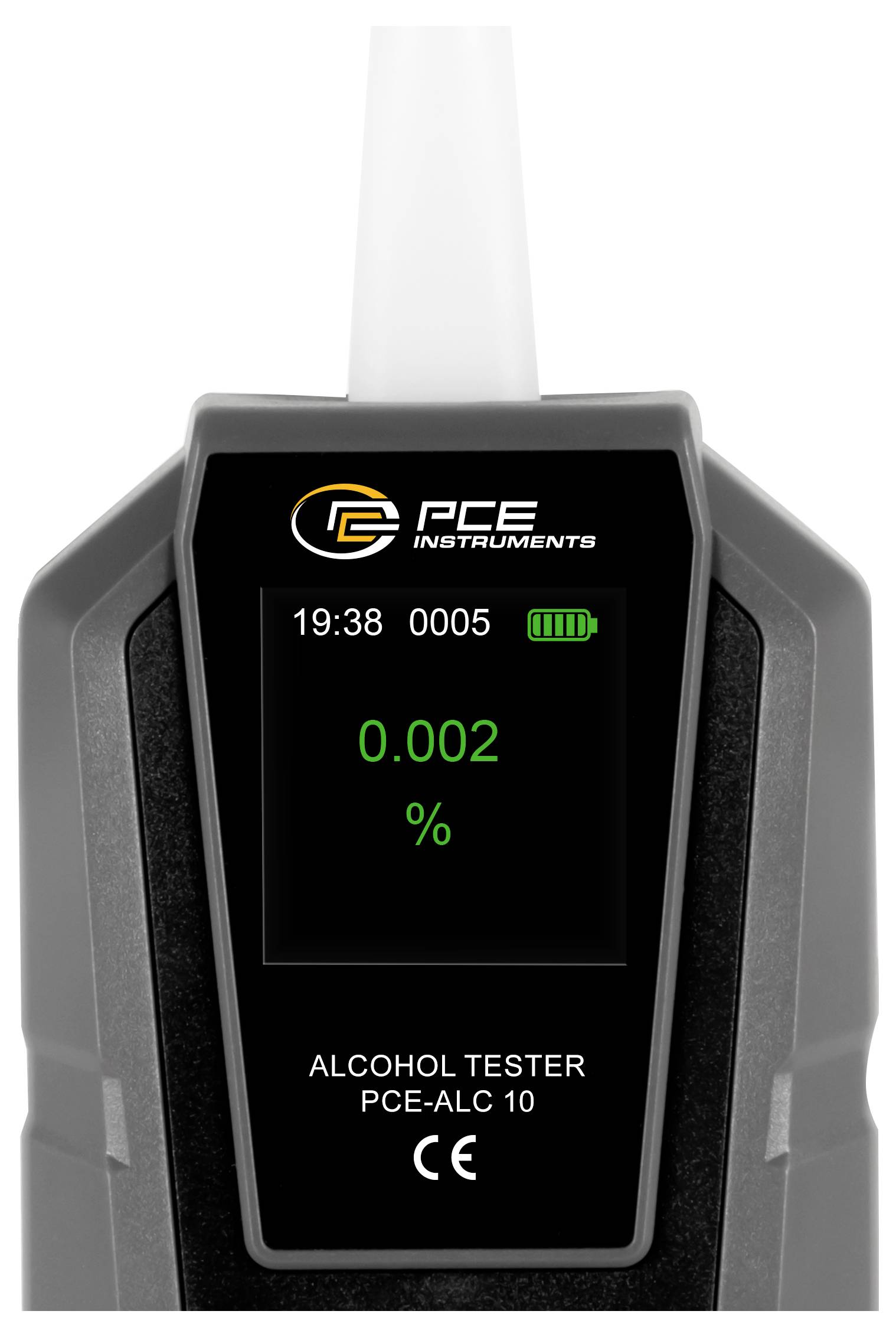 Digitálny alkoholtester s náustkom, na displeji je zobrazený výsledok 0,002 %; označený PCE Instruments PCE-ALC 10.