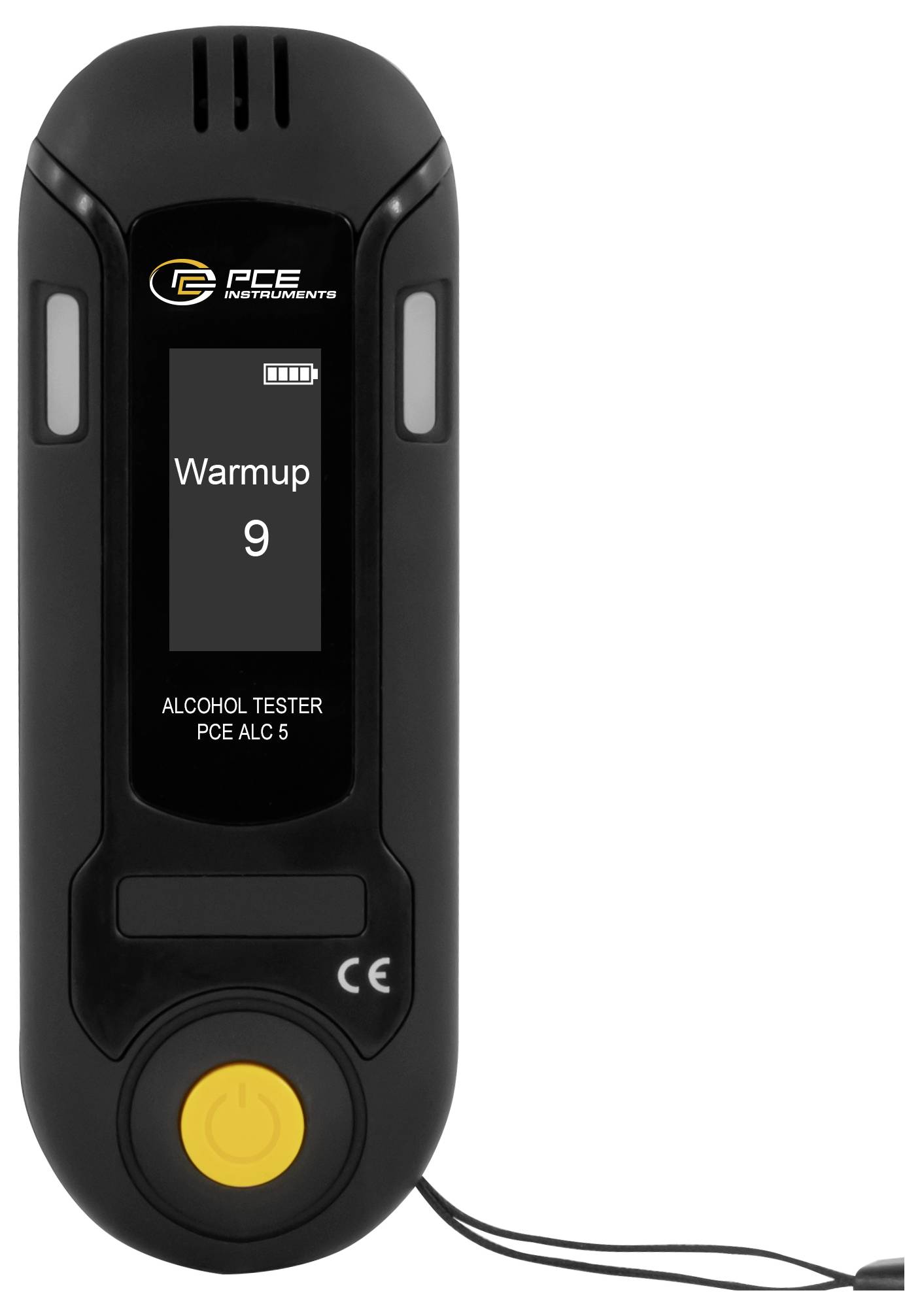 Čierny prenosný alkoholtester s displejom zobrazujúcim "Warmup 9", značkou PCE Instruments a žltým tlačidlom napájania na vrpci.