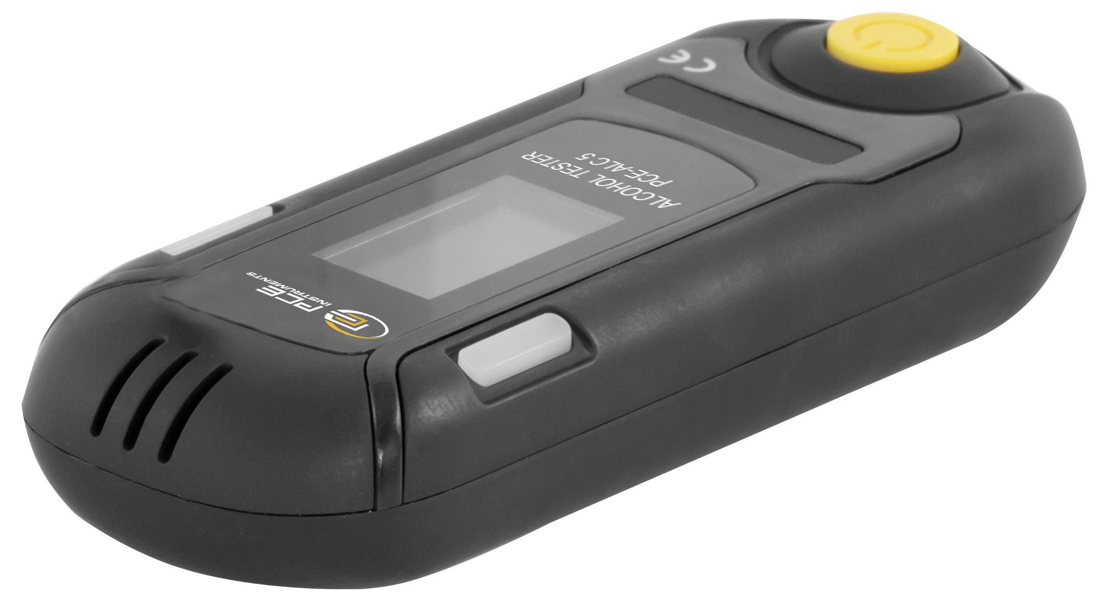 Čierny prenosný elektronický prístroj s obrazovkou, bočným tlačidlom a žltým horným tlačidlom, zobrazený na bielom pozadí.