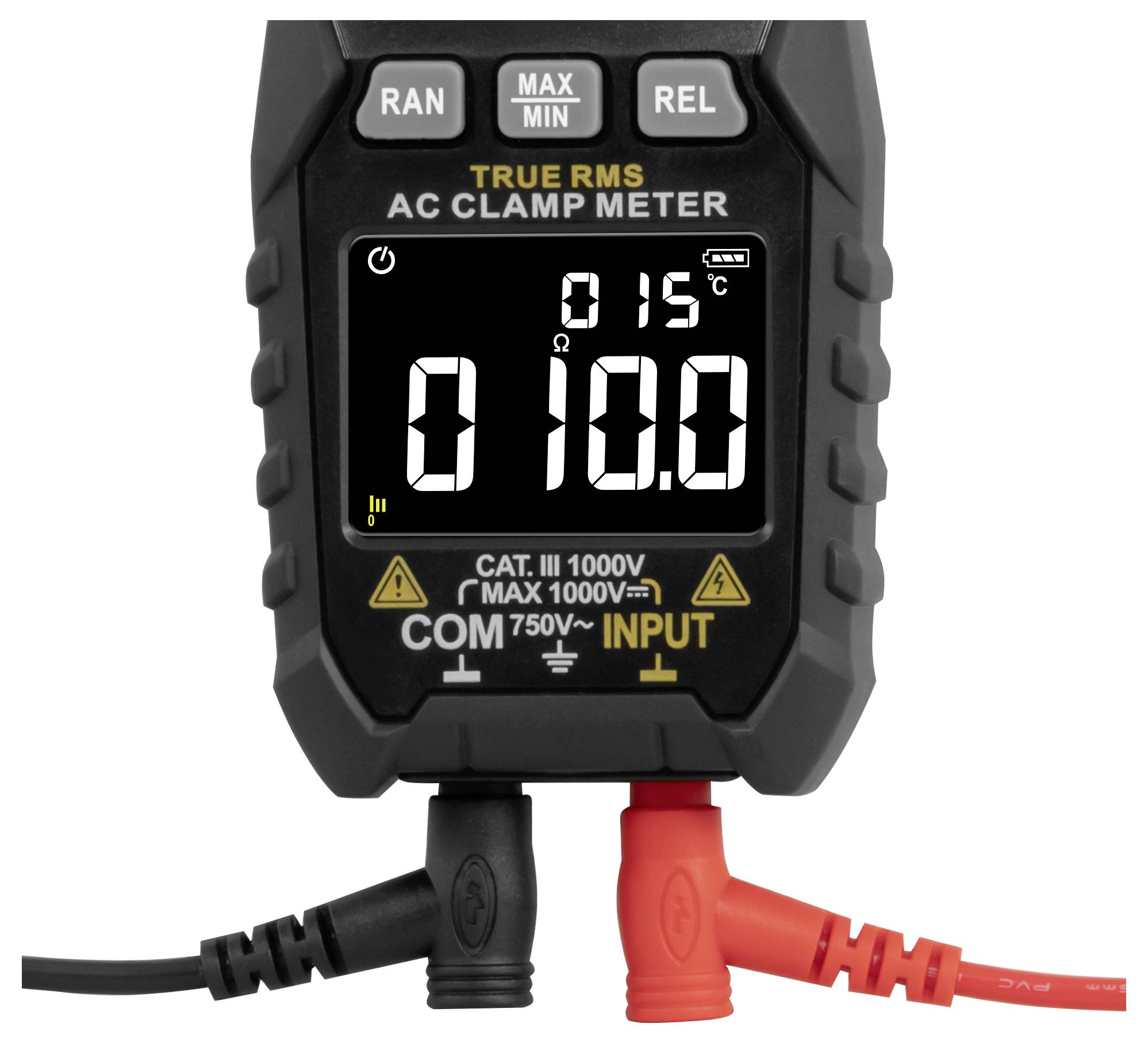 Digitálny AC klieštový multimeter zobrazujúci čítanie 10,0 na displeji, s čiernymi a červenými meracími vodičmi zapojením do portov COM a INPUT.