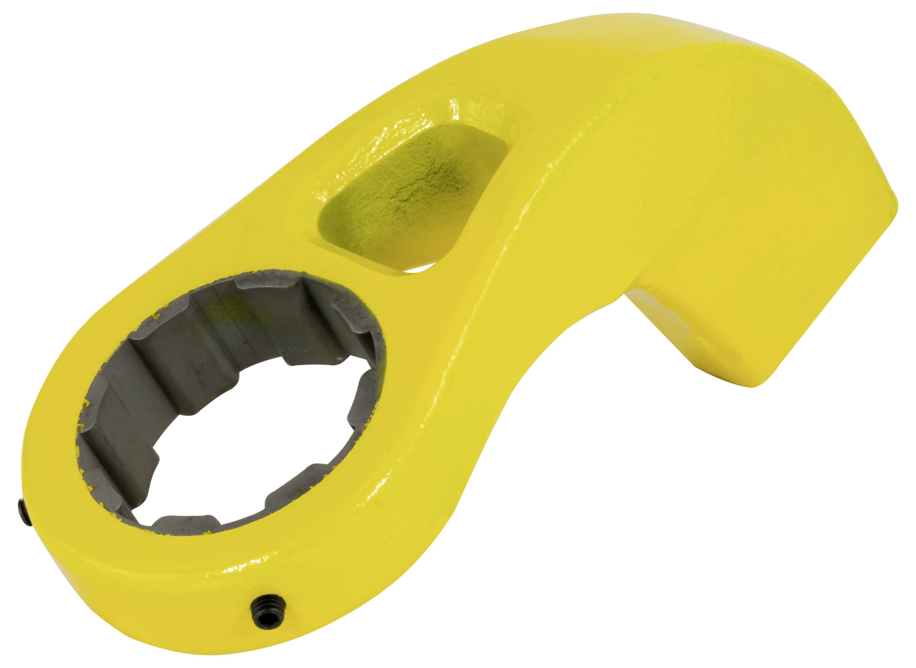 Žltá kovová hlava trúbkového kľúča s kruhľovým otvorom zveráka na bielom pozadí.