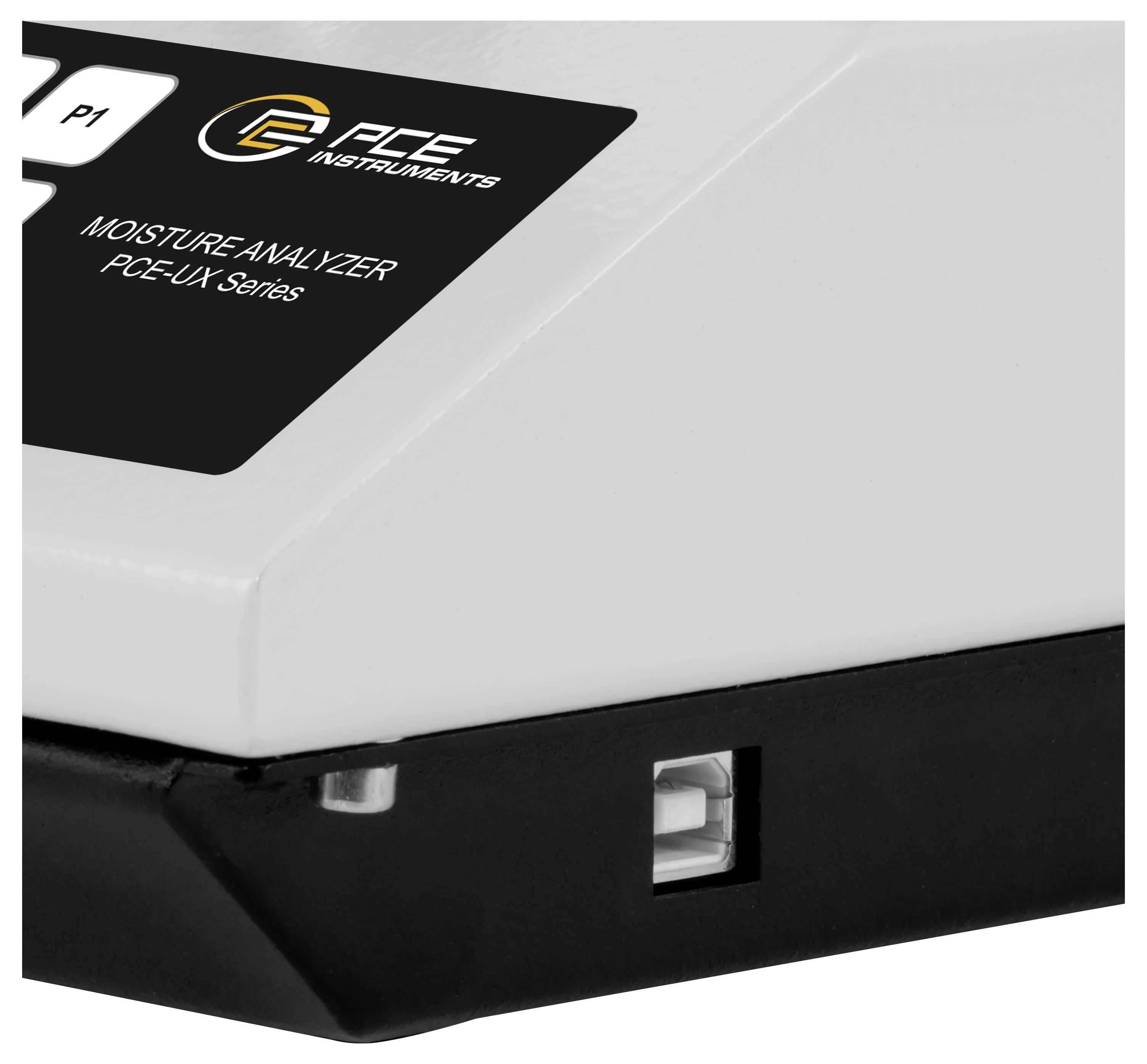 Zväčšený detail meradla vlhkosti PCE Instruments s označením „Rad PCE-UX" na puzdre zariadenia s čiernobielym dizajnom.