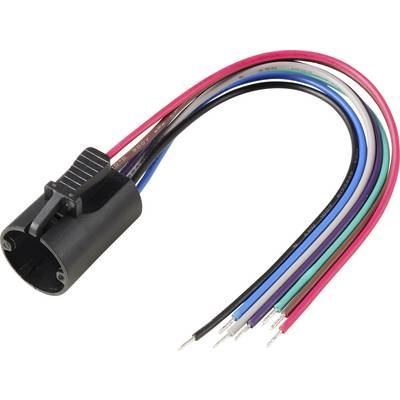 Čierny šesťkolíkový elektrický konektor so šiestimi farebnými vodičmi: červený, ružový, modrý, zelený, biely a čierny, každý s ostrihaným koncom.