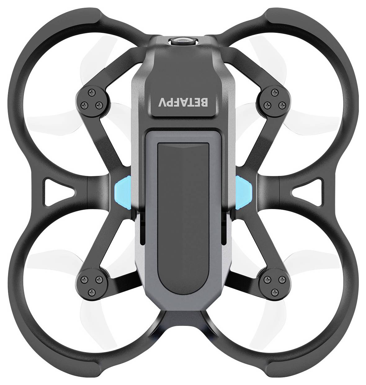 Pohľad zhora na malý dron BETAFPV s uzavretými skrutkami, zobrazený na bielom pozadí.