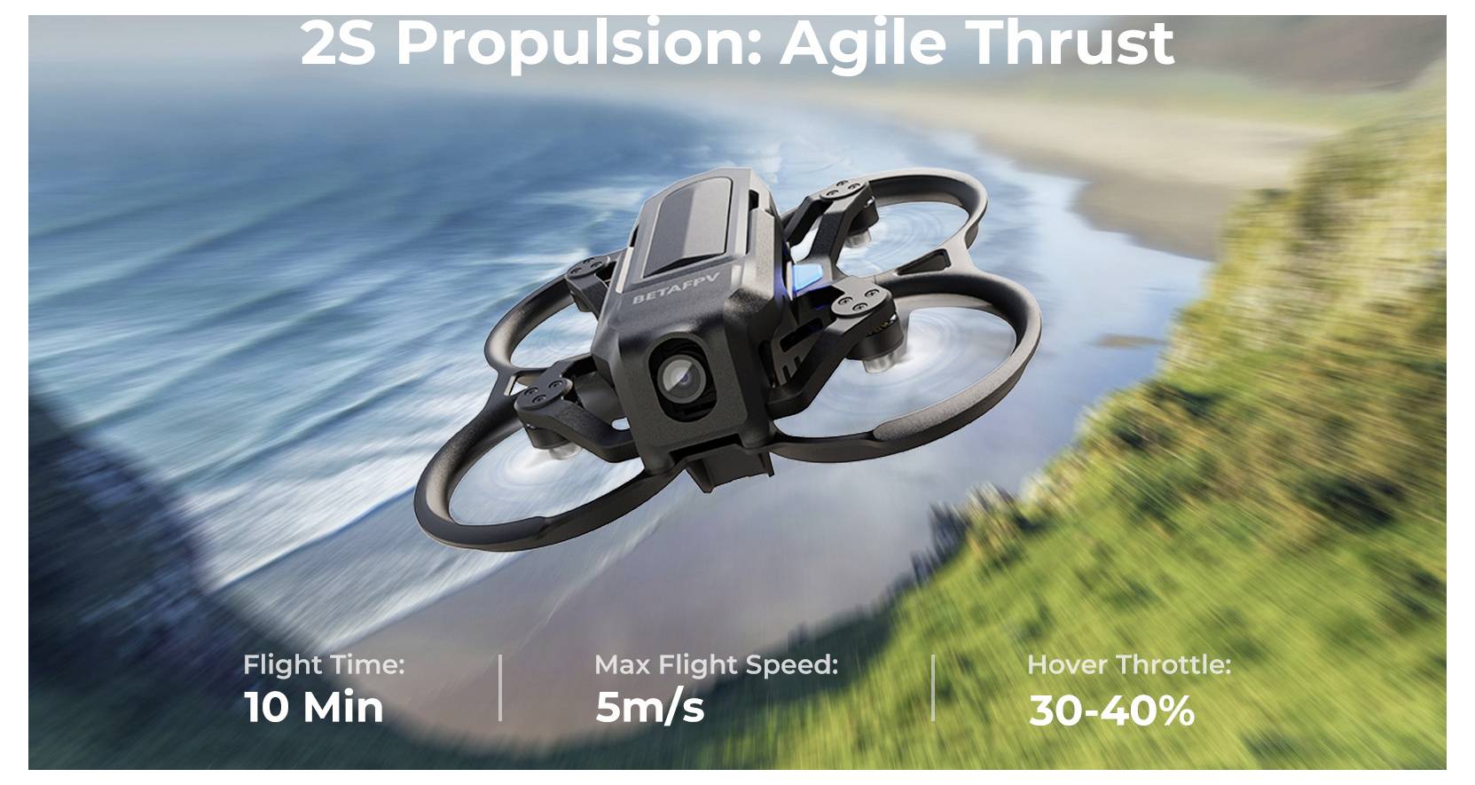 Reklama na dron s názvom "2S Propulsion: Agile Thrust" zobrazujúca vznášajúci sa čierny kvadrokoptéru nad vodou s textom uvádzajúcim 10 minút letového času, maximálnu rýchlosť 5 m/s a 30-40% plynu pri vznášaní.