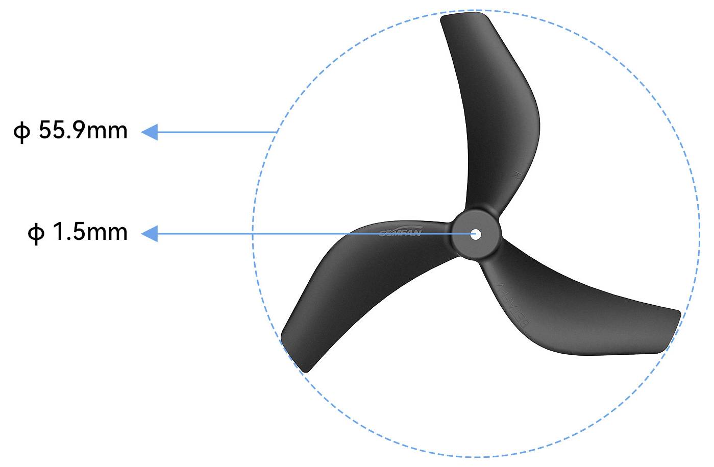 Diagram trojlistej skrutkovice zobrazujúci priemer 55,9 mm a priemer otvoru hriadeľa 1,5 mm.