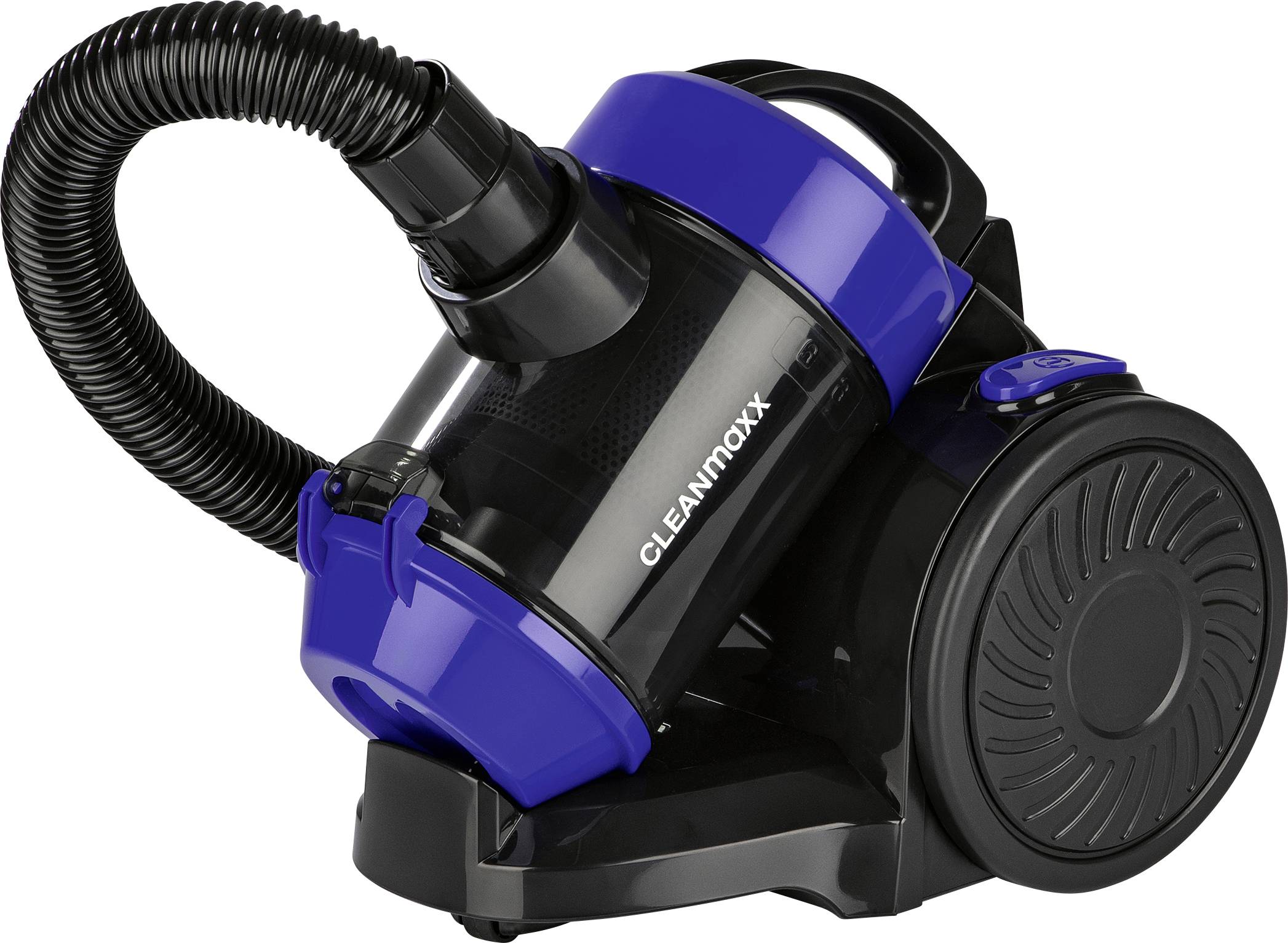 Kompaktný, čierno-modrý vysávač s priehľadnou nádobou a hadicovým príslušenstvom označený "CLEANmaxx" na domácu použitie.