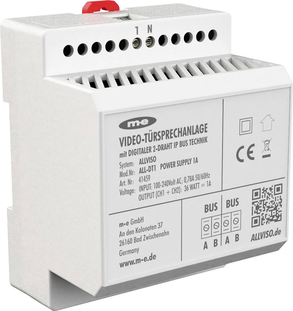 'Biely elektronický prístroj označený "VIDEO-TÜRSPRECHANLAGE" na digitálnu domovnú komunikáciu od spoločnosti ALLVISO s napájaním a pripojovacími portami.'