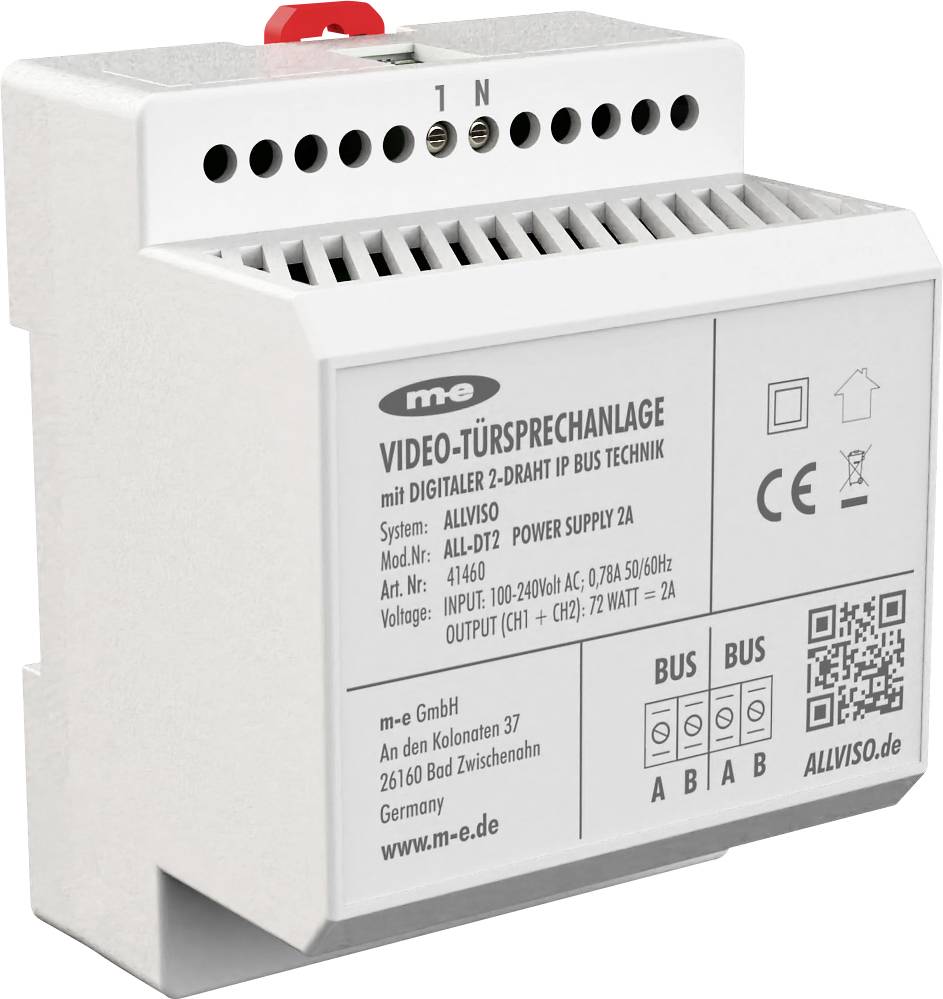 Elektrické zariadenie označené ako „VIDEO-DVERNÝ DOMÁCI TELEFÓN" so špecifikáciami napájacej sústavy a konektivity vrátane QR kódu a log.