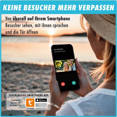 Osoba drží smartfón, na ktorom sa zobrazuje videohovor s aplikáciou bezpečnostnej kamery u dverí. Text znie: 'Už viac nebudete vynechávať žiadne návštevy'.