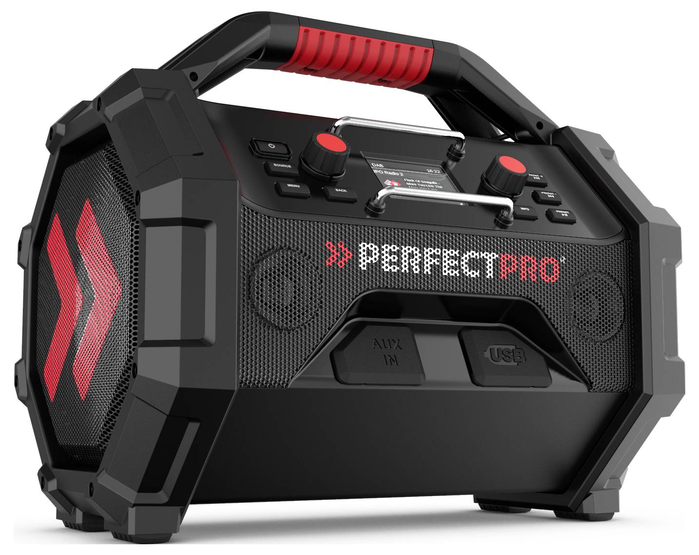 Prenosný čierny reproduktor s červenými akcentmi s označením „PerfectPro", vybavený ovládacími tlačidlami, USB portom a nosným rukoväťou.