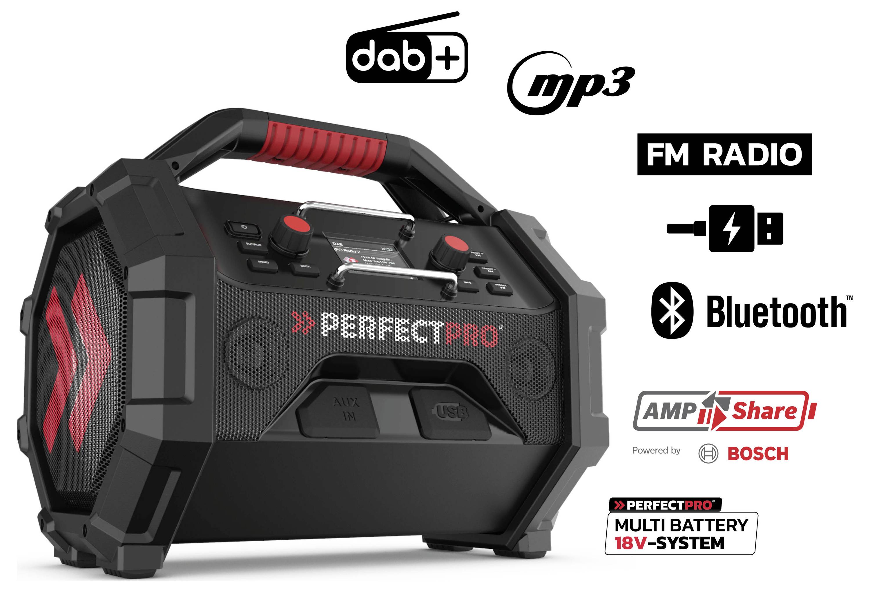 Prenosné rádio čierne a červené s rukoväťou s funkciami DAB+, MP3, FM rádio a Bluetooth. Kompatibilné so systémom batérií AMPShare od spoločnosti Bosch.