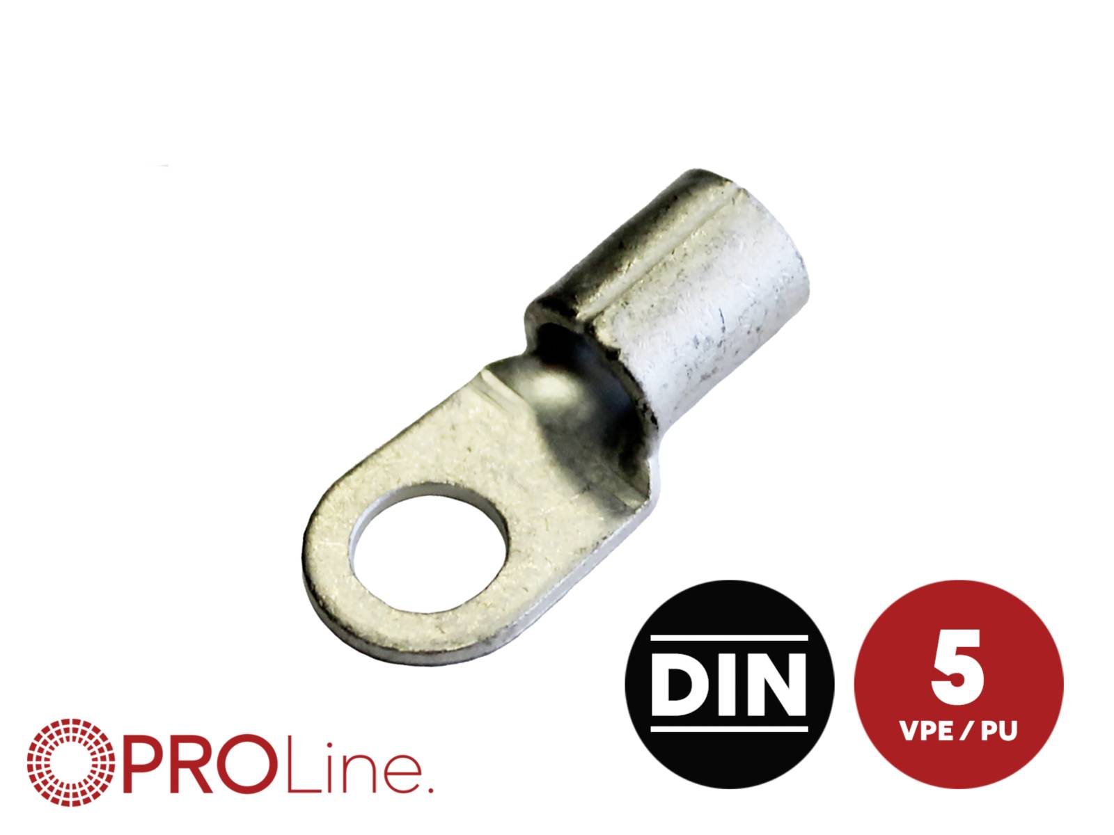 Kovový krúžkový svorkovný konektor pre elektrickú inštaláciu, s logom PROLine a certifikačnými ikonami DIN, 5 VPE/PU.