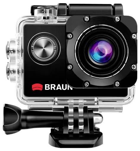 Akčná kamera v ochrannom puzdre s viditeľnou šošovkou a značkovacím textom „BRAUN." Vhodná na podvodné a extrémne športové filmovanie.