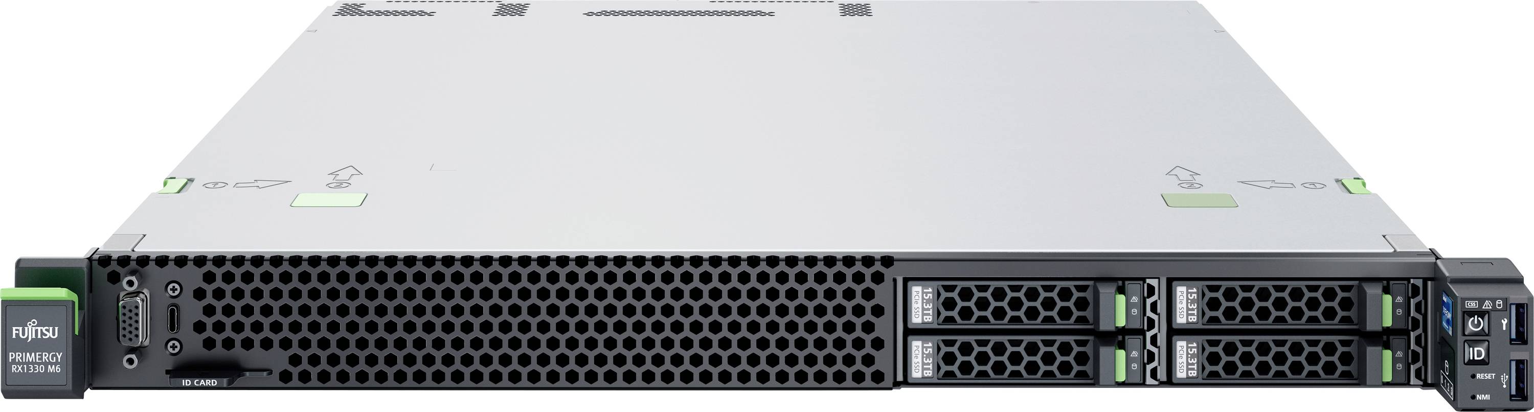 Serverový rack s pohľadom spredu, zobrazujúci štyri viditeľné zásuvky na jednotky so zelenými svorkami, vetraciamu otvormi a portami na ľavej strane.