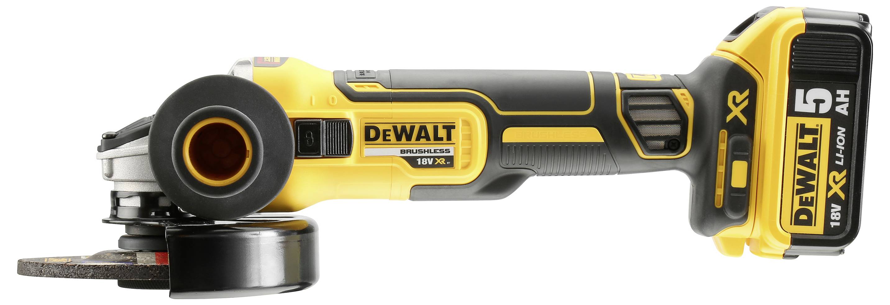 Žltá a čierna bezdrôtová uhlová brúska so bočným rukoväťou a viditeľnou batériou, značka "DEWALT XR", ktorá predstavuje dizajn nástroja.
