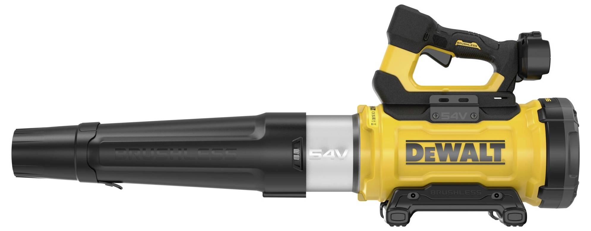Žltý a čierny bezdrôtový foukač na listy s označením „DEWALT", vybavený zjednodušeným dizajnom pre ergonomické ovládanie.