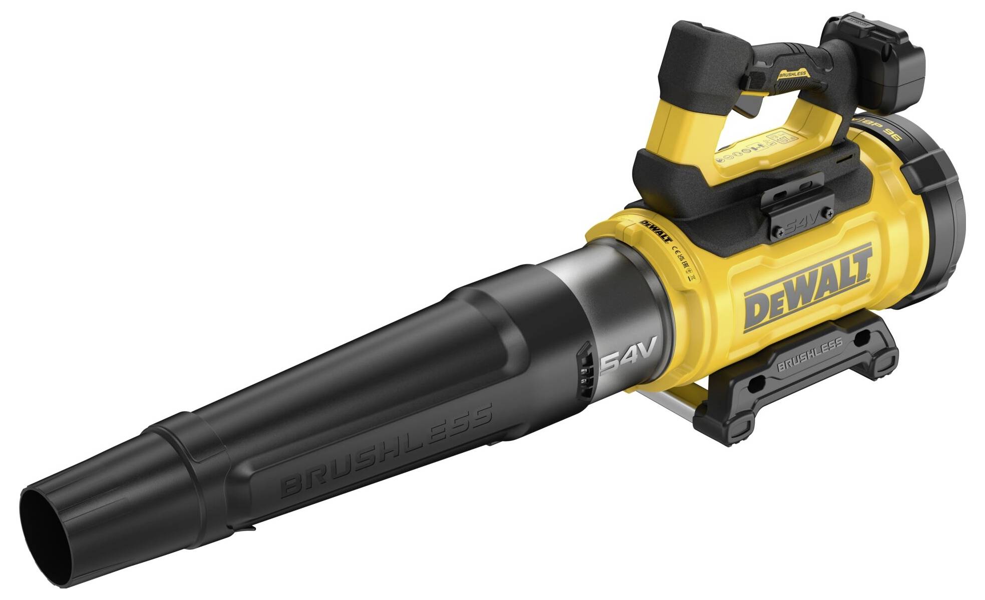 Akumulátorový fúkač listov DeWalt, žlto-čierny, s ergonomickou rukoväťou a bezkefovým motorom, určený na vonkajšie použitie.