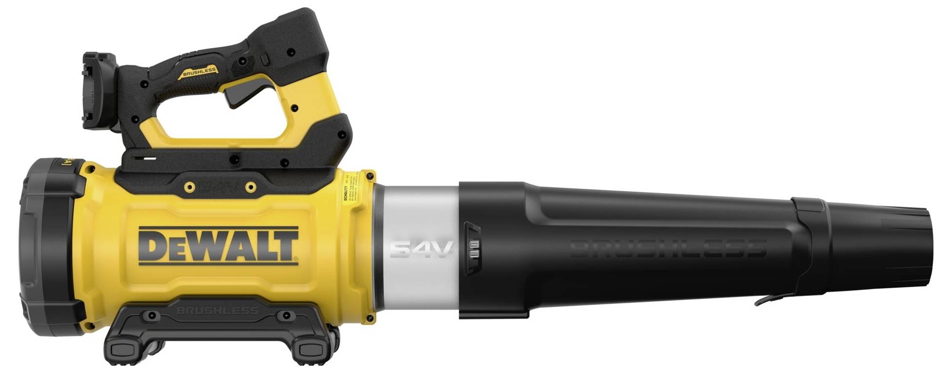 Žltý a čierny bezšnúrový foukač na listy DeWalt s batériou 54V, vybavený ergonomickou rukoväťou a hubicou na smerovanie prúdu vzduchu.