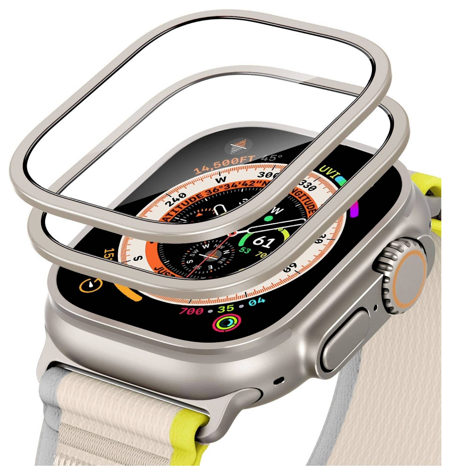 Zobrazuje sa smartwatch s displejom kompasu, s vrstvami ochranných fólií na skle nad ním, čo poukazuje na ochranu obrazovky.