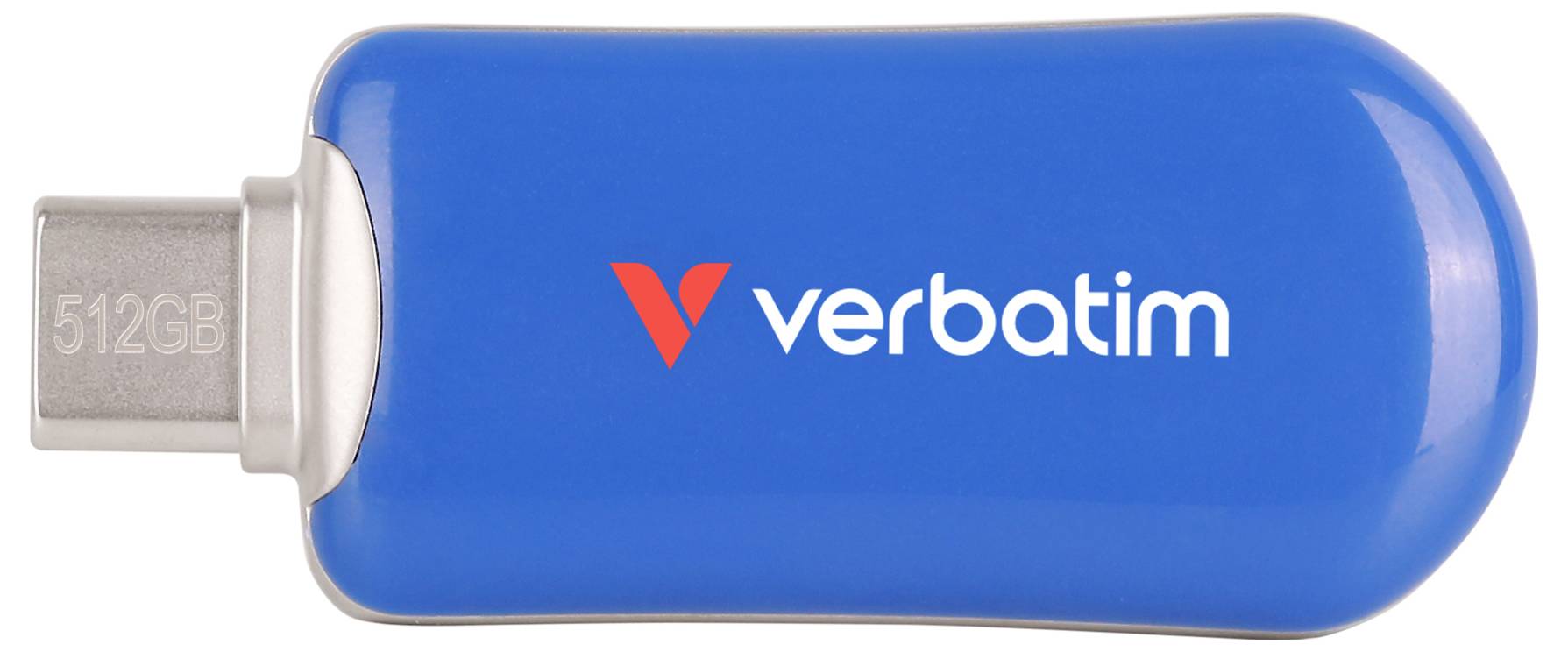 Modrá USB flash pamäť Verbatim s USB-C konektorom, označená na 512GB.