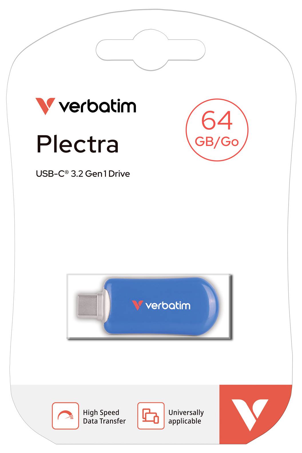 Balenie pre Verbatim Plectra USB-C 3.2 Gen1 flash disk, označené 64 GB/Go, s vysokorýchlosťovým prenosom údajov a všeobecne použiteľnými ikonami.
