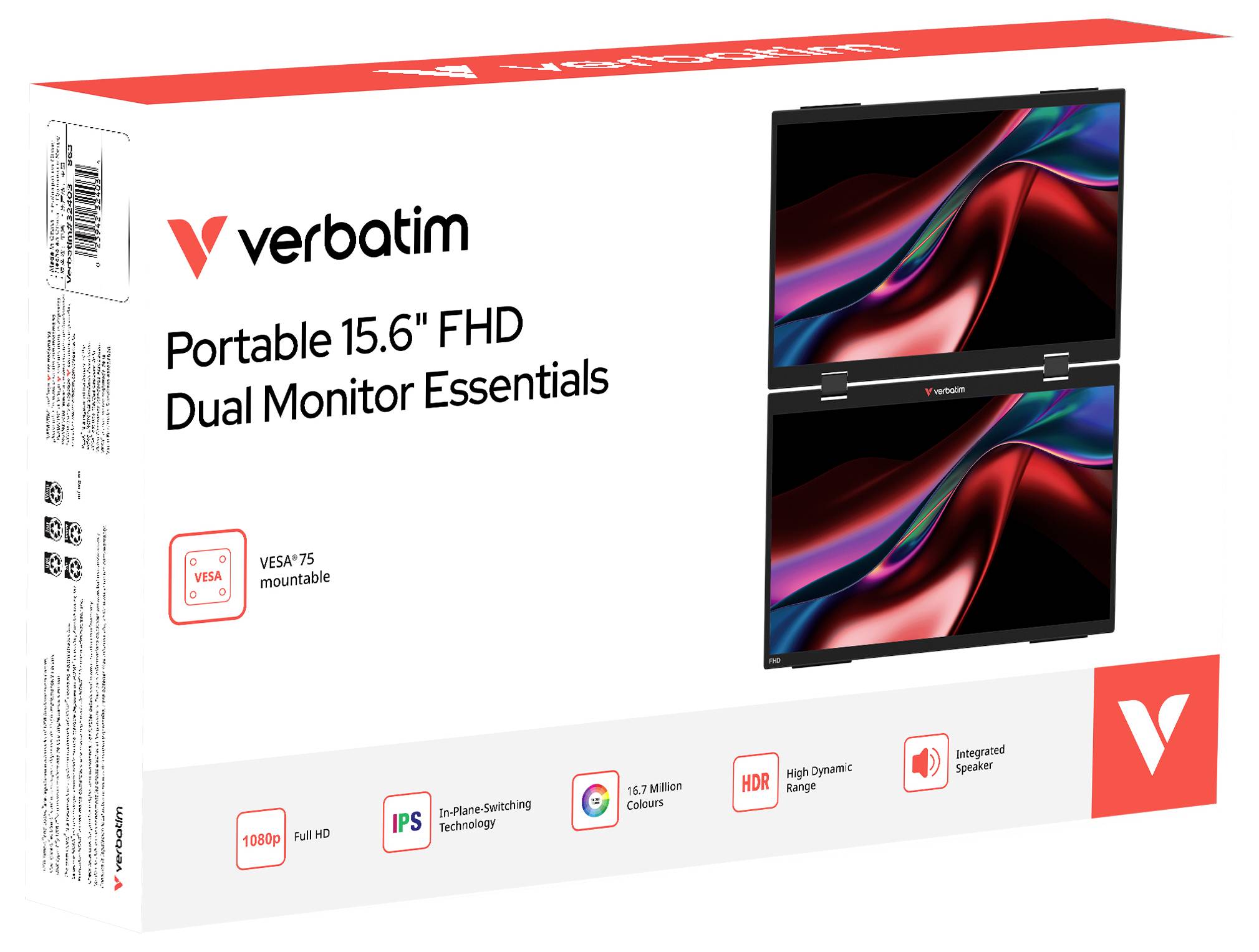 Verbatim Portable 15.6' FHD Dual Monitor Essentials balík s dvoma nasládenými monitormi a funkciami ako VESA mount, IPS, HDR a integrovaný reproduktor.