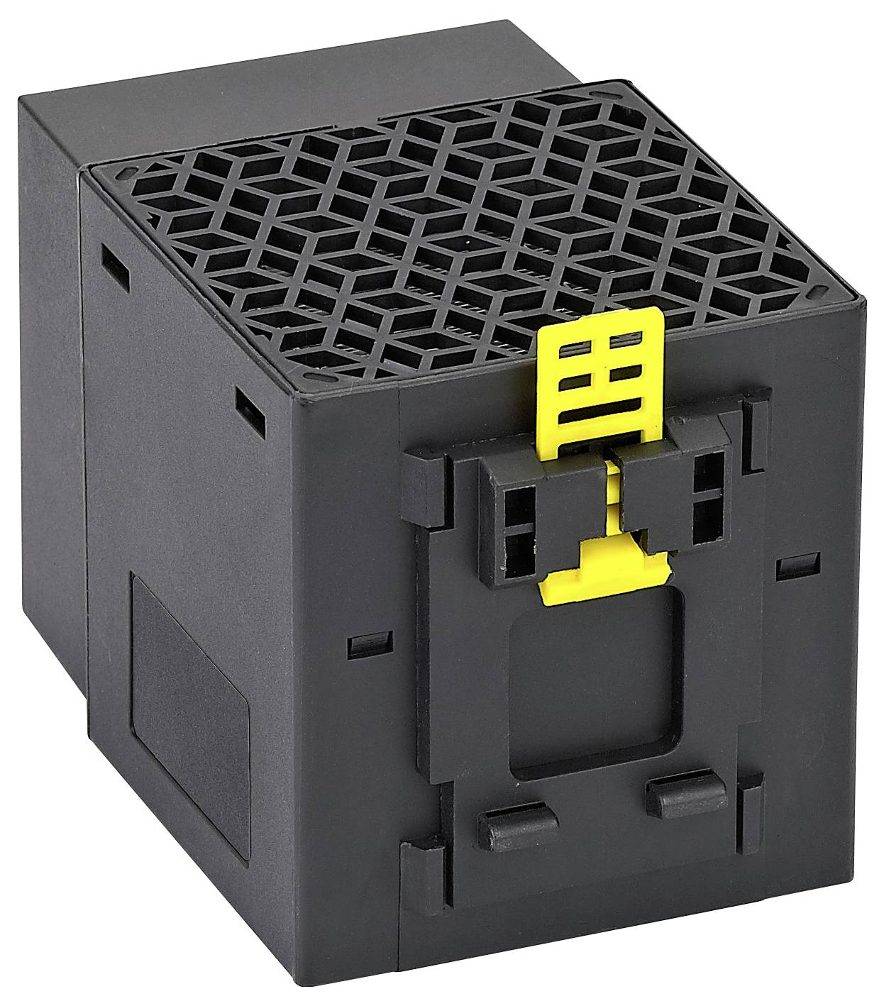 Čierny elektronický modul so žltou zásterou na prednej strane a vetraným horným panelom, zobrazený izolovaný na bielom pozadí.