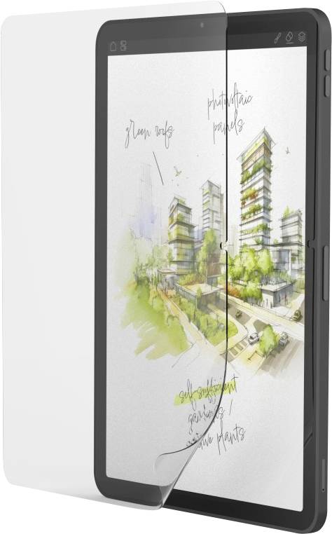Digitálny tablet zobrazuje architektonickú skicu moderných, ekologicky šetrných budov s poznámkami ako „zelené strechy" a „fotovoltaické panely".