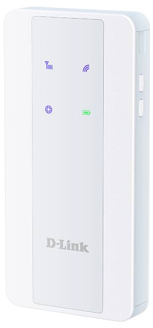 Biely Wi-Fi router D-Link s LED indikátormi pre silu signálu, pripojenie a stav batérie. Router je štíhly a prenosný.