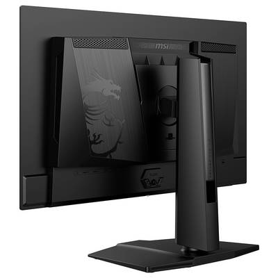 Čierny počítačový monitor zobrazený zozadu, na ktorom je viditeľné logo draka a nastaviteľný stojan.