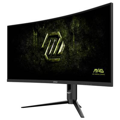 Zakrivený herný monitor "MSI MAG" s futuristickým zeleným logom na štruktúrovanom tmavom pozadí.