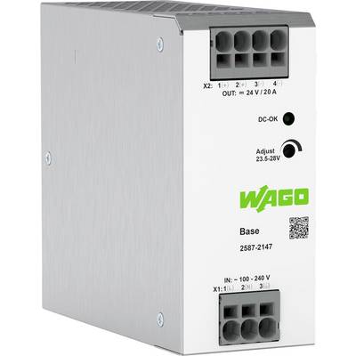 Obdĺžnikový kovový napájací modul Wago s LED indikátorom. Výstupy 24V/20A. Nastaviteľné napätie 23,5-28V. Vstupy 100-240V AC.