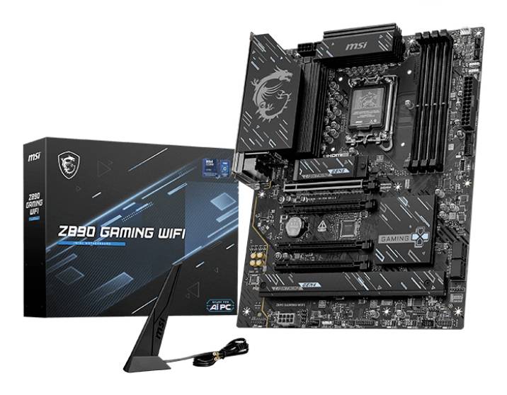 Doska MSI Z890 Gaming WiFi zobrazená s maloobchodnou krabicou, nakloneným stojanu na displej a zahrnutým káblom na bielom pozadí.