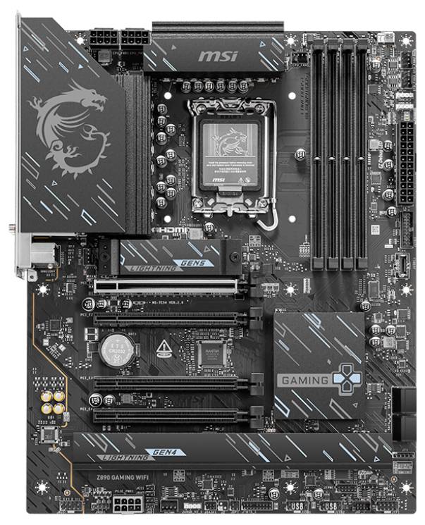 MSI herná základná doska s AMD AM4 zásuvkou CPU, štyrmi slotmi RAM, slotmi PCIe a chladičmi pre M.2, chipset a dodávku energie.