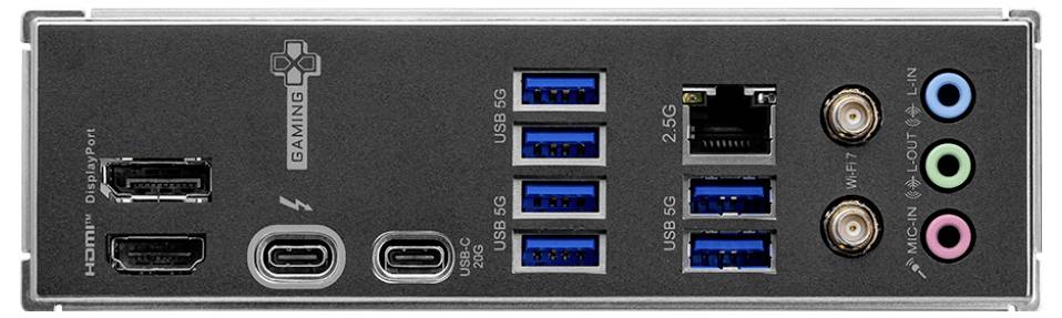 Zadný panel I/O herného základného dosky s portami HDMI, DisplayPort, sloty USB, portom Ethernet, audio zásuvkami a konektormi USB-C.