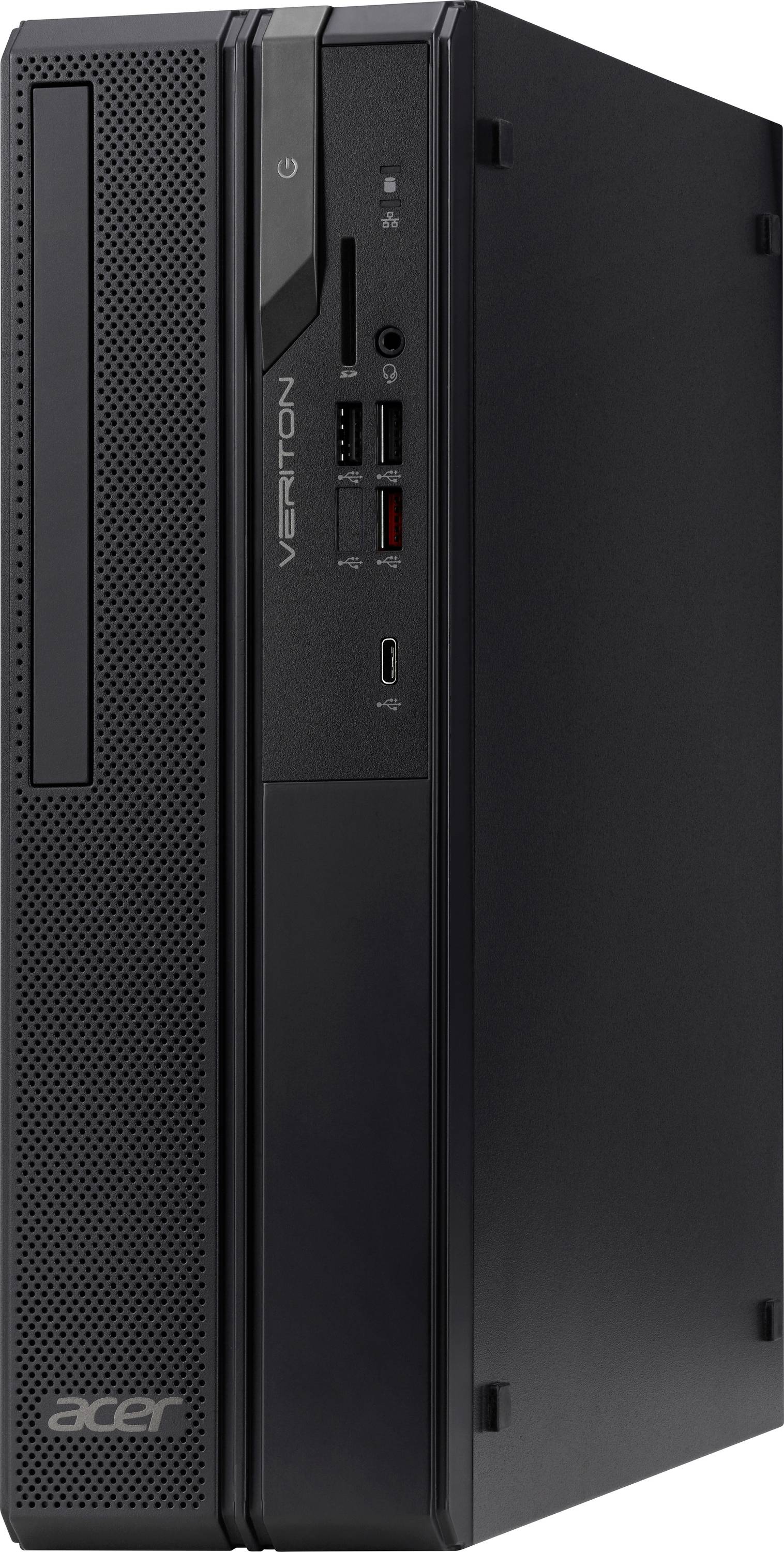 Čierna stolná počítačová veža Acer Veriton s predným USB portmi, jednotkou na disky a ventilačným panelom, vhodná na kancelárske použitie.