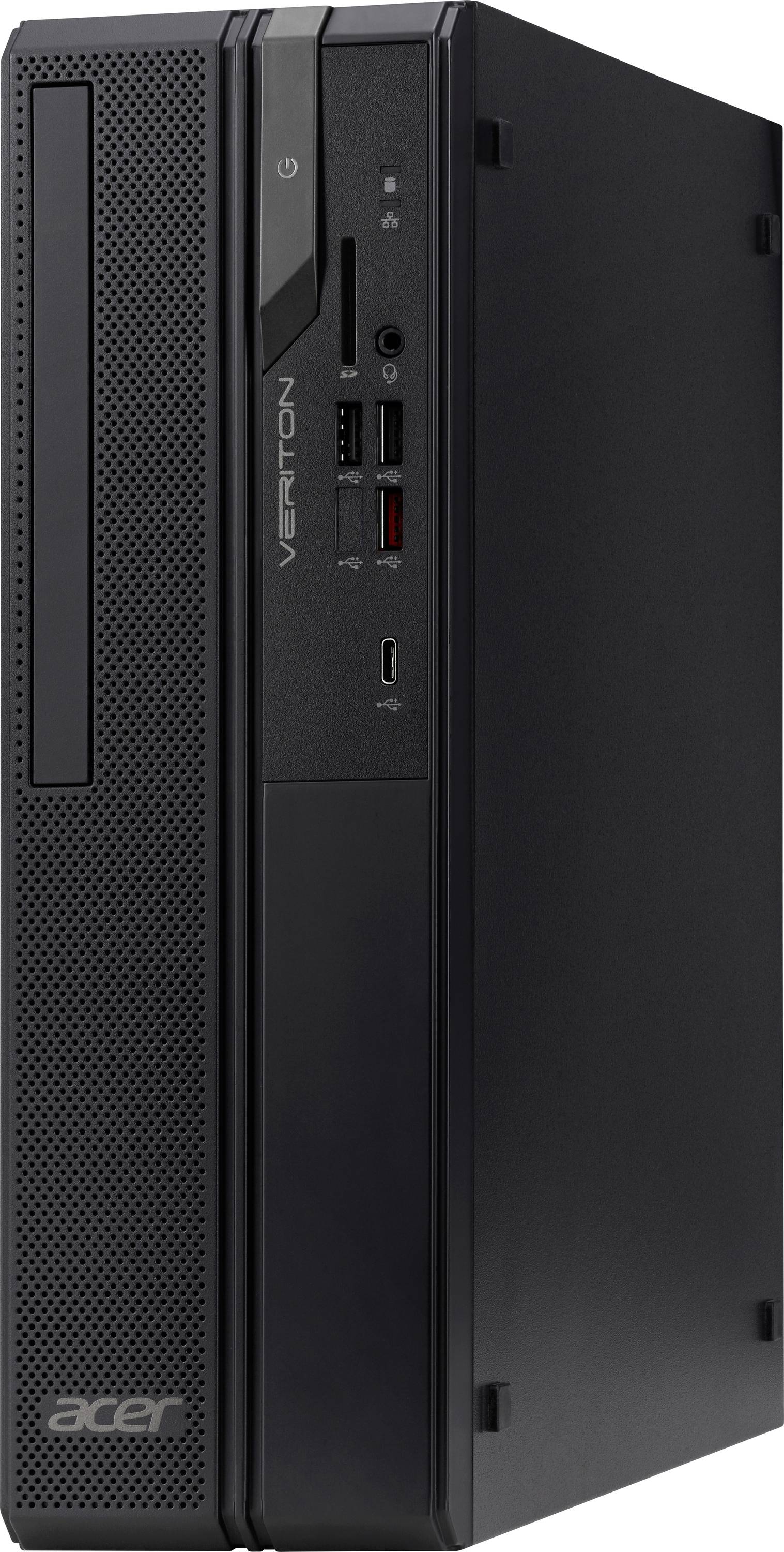 Čierna stolná počítačová skriňa Acer Vero s rôznymi portami, vrátane USB a audio portov na prednom paneli.