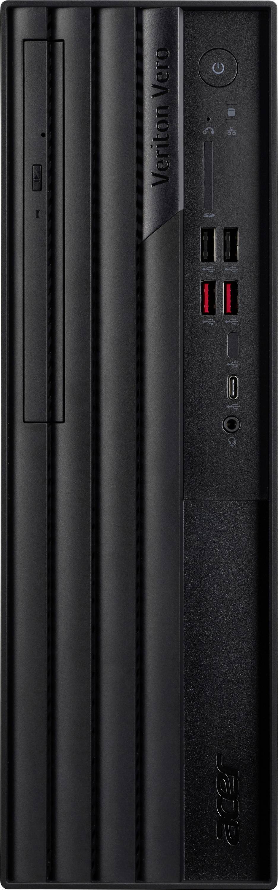 Čierna stolná počítačová skrinka Acer s vertikálnym logom „Veriton", tlačidlom napájania, USB portmi a tenkou optickou jednotkou na prednom paneli.