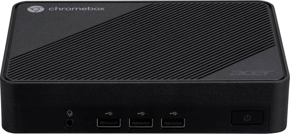 Čierny Chromebox od Aceru s elegantným dizajnom, portami na prednej strane pre slúchadlá a USB pripojenia a tlačidlom napájania.