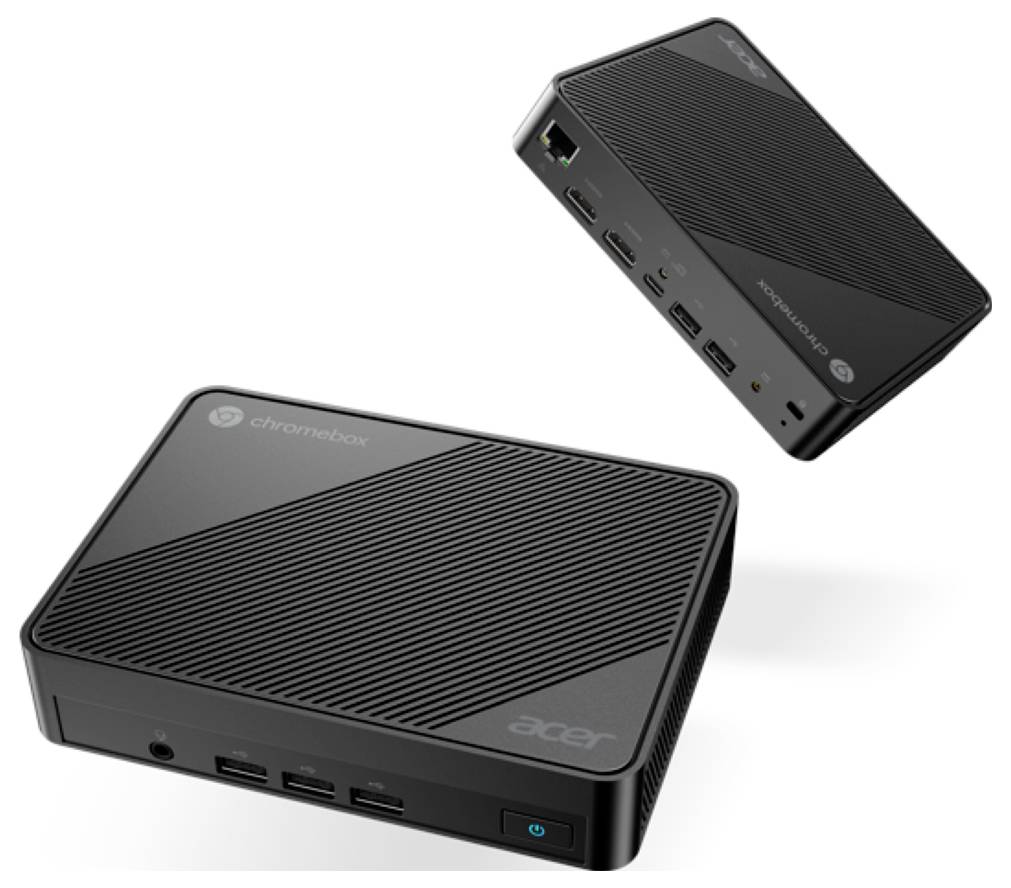 Zariadenia Acer Chromebox Cxi5 zobrazujúce predné a bočné porty, vrátane USB, Ethernetu, HDMI a tlačidla napájania, na bielom pozadí.
