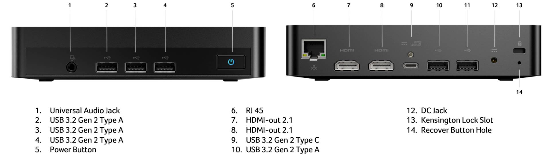 Predný pohľad zariadenia: univerzálna audio zásuvka, dva porty USB 3.2 Gen 1 typu A, tlačidlo napájania. Zadný pohľad: RJ45, HDMI výstup, USB 3.2 Gen 2 typu C, konektor DC, slot na zámok Kensington, otvor pre tlačidlo obnovenia.