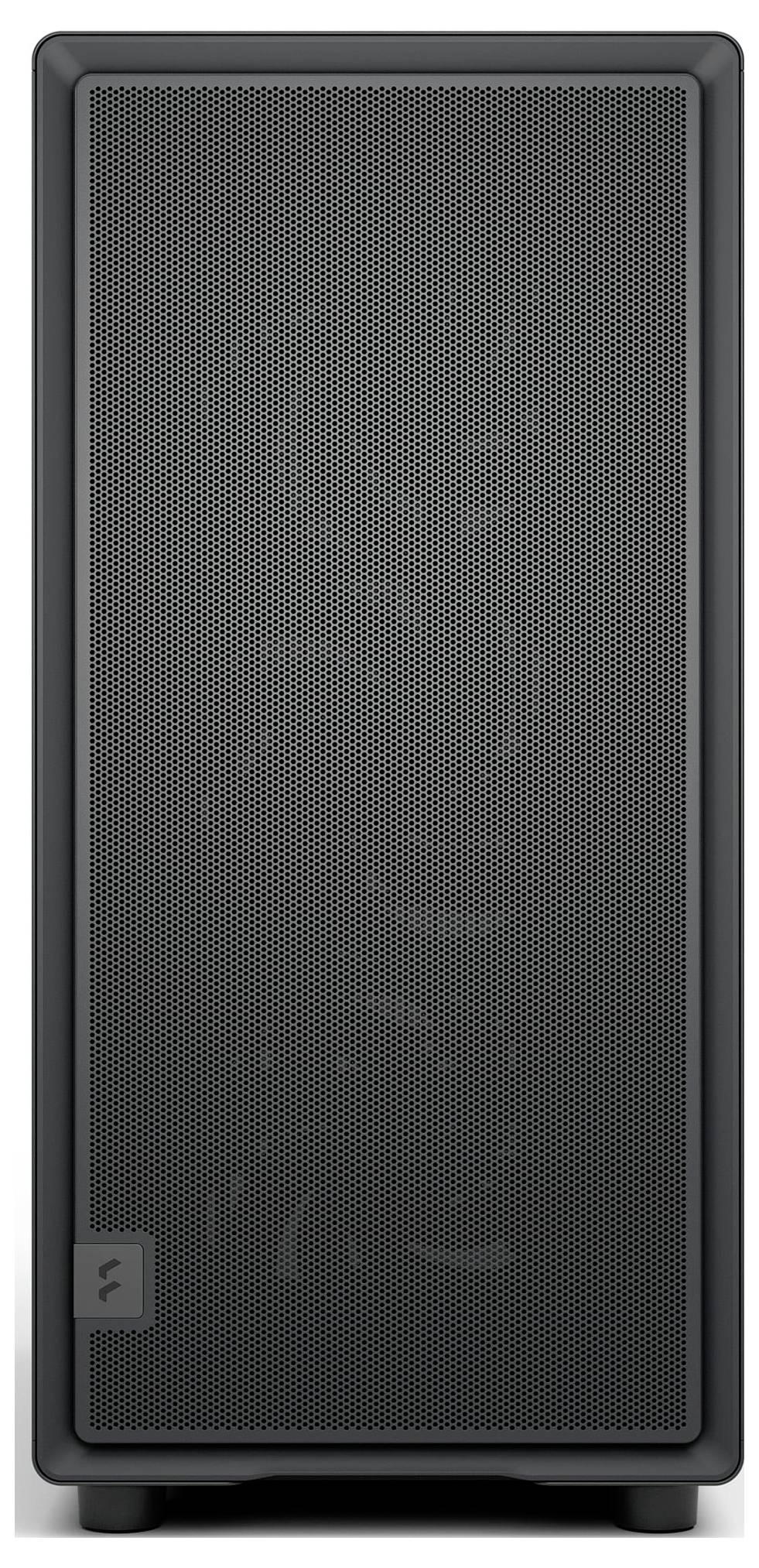 Skrinová počítačová skriňa s perforovaným predným panelom, čiernym povrchom a uhlastým dizajnom; Features logo v ľavom dolnom rohu.